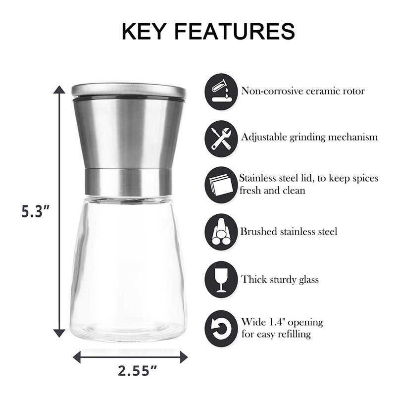 Mincham Salt and Pepper Grinder Set of 2, Premium Stainless Steel Spice Mill with Adjustable Coarseness, Ceramic Blades, Refillable Glass Body with 60Z capacity - Image 3